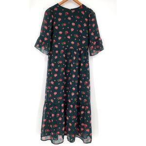 LOFT Green Floral Chiffon Midi Dress Flutter Sleeve Size 4